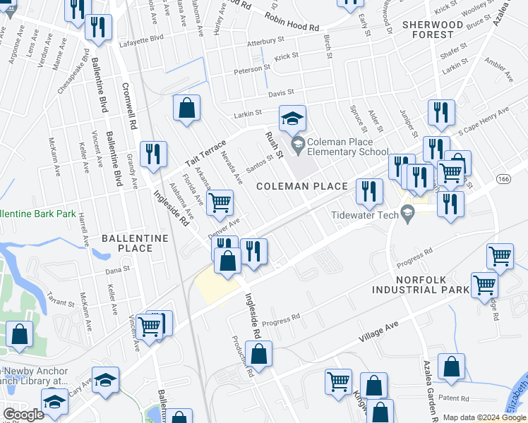 map of restaurants, bars, coffee shops, grocery stores, and more near 2314 Nevada Avenue in Norfolk