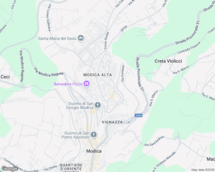 map of restaurants, bars, coffee shops, grocery stores, and more near 45 Via Vaina in Modica