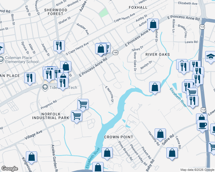 map of restaurants, bars, coffee shops, grocery stores, and more near 1388 East Norcova Drive in Norfolk