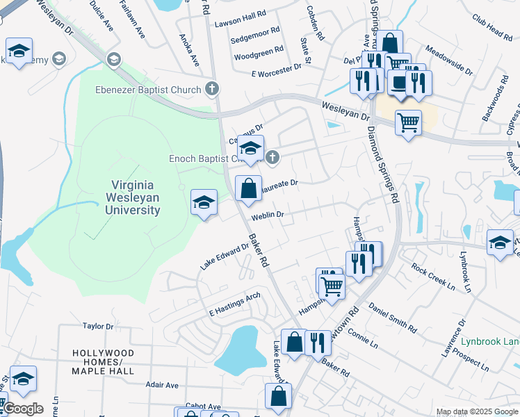 map of restaurants, bars, coffee shops, grocery stores, and more near 801 Diploma Court in Virginia Beach