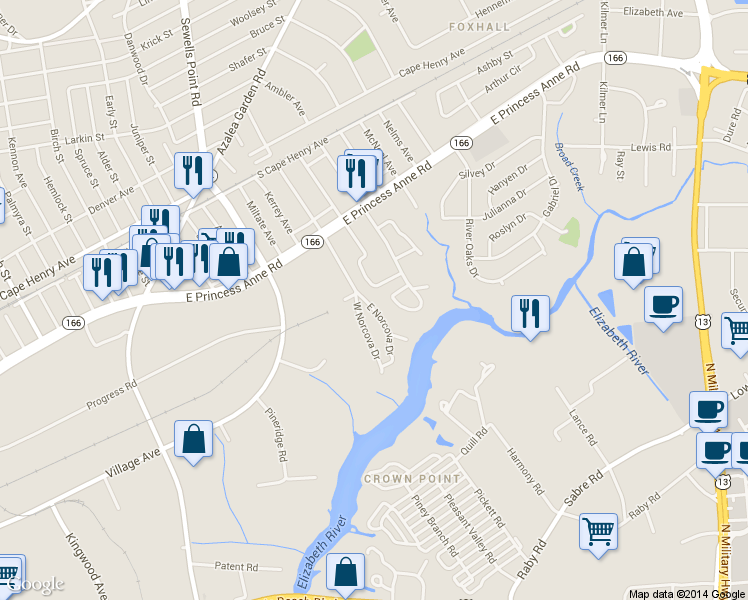 map of restaurants, bars, coffee shops, grocery stores, and more near 1388 East Norcova Drive in Norfolk