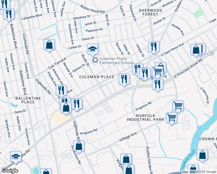 map of restaurants, bars, coffee shops, grocery stores, and more near 1538 Fairbanks Avenue in Norfolk