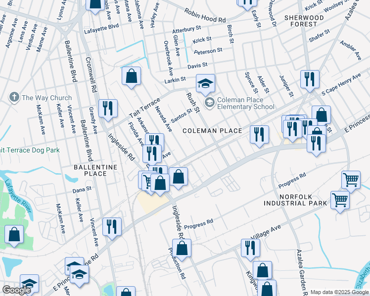 map of restaurants, bars, coffee shops, grocery stores, and more near 2326 Nevada Avenue in Norfolk