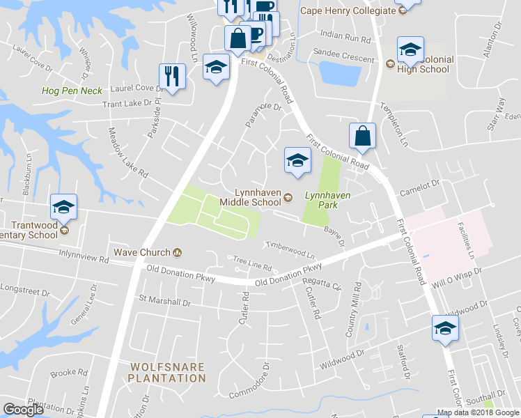 map of restaurants, bars, coffee shops, grocery stores, and more near 1101 Glendale Drive in Virginia Beach