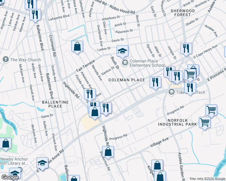 map of restaurants, bars, coffee shops, grocery stores, and more near 2313 Minnesota Avenue in Norfolk
