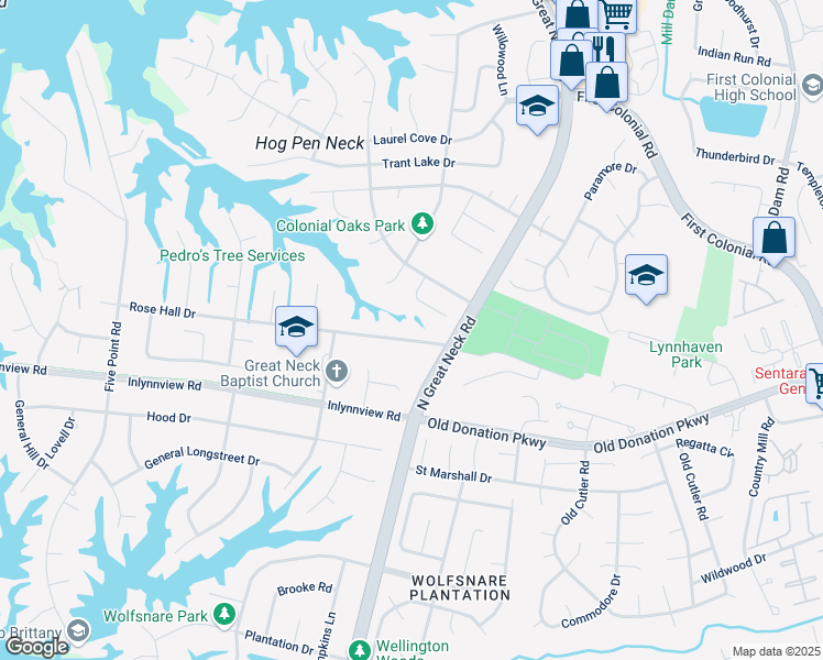 map of restaurants, bars, coffee shops, grocery stores, and more near 2220 Rose Hall Drive in Virginia Beach