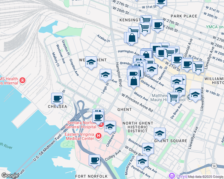 map of restaurants, bars, coffee shops, grocery stores, and more near 923 West Princess Anne Road in Norfolk