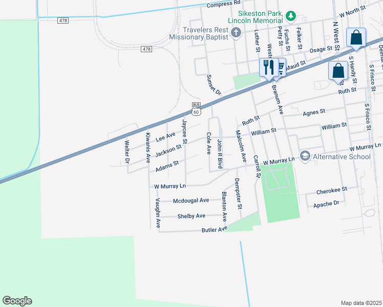 map of restaurants, bars, coffee shops, grocery stores, and more near 304 Jaycee Street in Sikeston