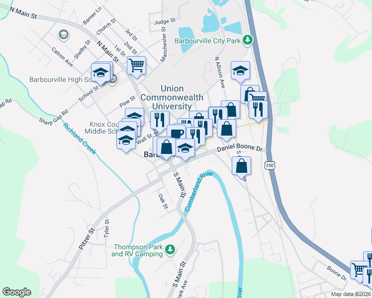 map of restaurants, bars, coffee shops, grocery stores, and more near 222 Knox Street in Barbourville