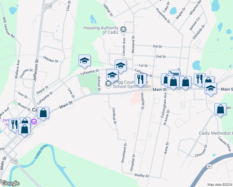 map of restaurants, bars, coffee shops, grocery stores, and more near 205 Main Street in Cadiz