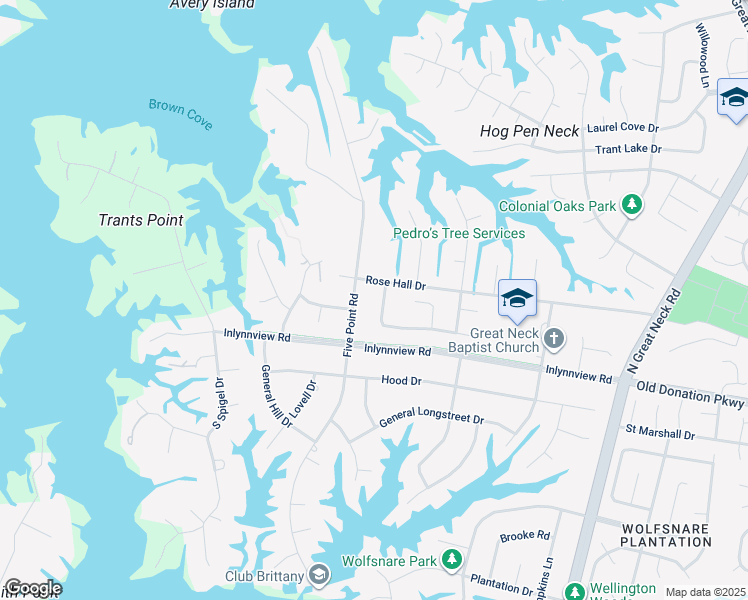 map of restaurants, bars, coffee shops, grocery stores, and more near 1093 Blue Castle Ln in Virginia Beach