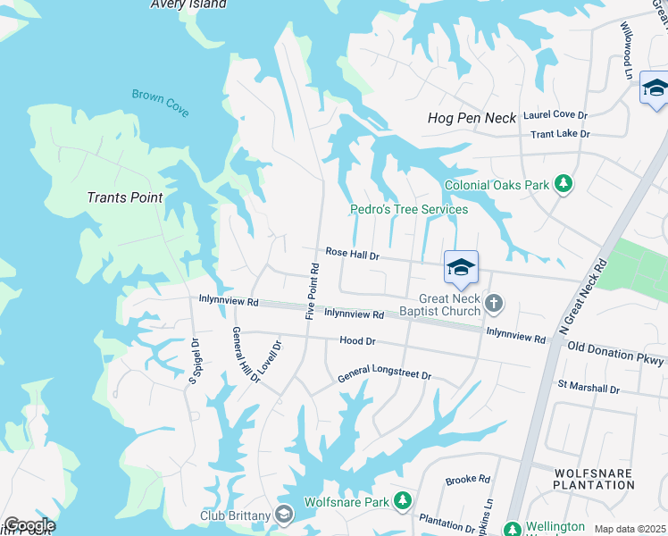 map of restaurants, bars, coffee shops, grocery stores, and more near 1093 Blue Castle Ln in Virginia Beach