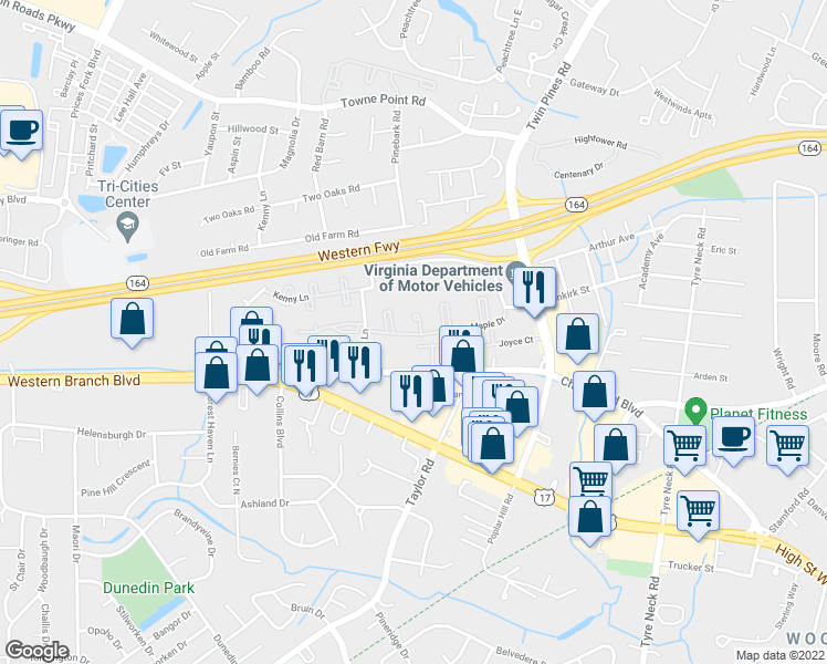 map of restaurants, bars, coffee shops, grocery stores, and more near 23 Woodmill Court in Portsmouth