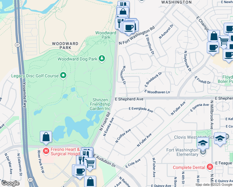 map of restaurants, bars, coffee shops, grocery stores, and more near 257 East Braddock Drive in Fresno