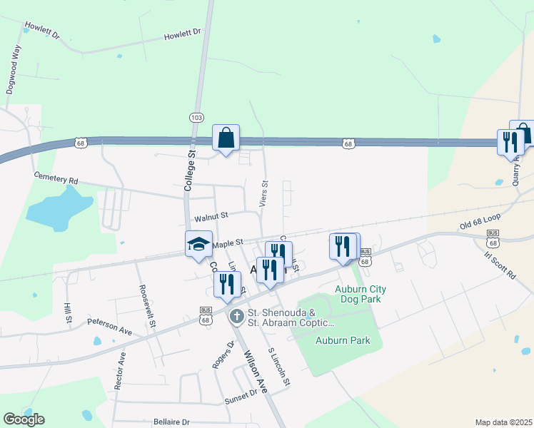 map of restaurants, bars, coffee shops, grocery stores, and more near 200 Viers Street in Auburn