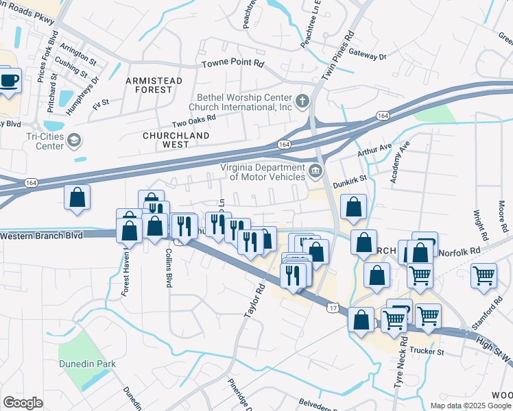 map of restaurants, bars, coffee shops, grocery stores, and more near 18 Woodmill Court in Portsmouth