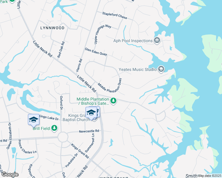 map of restaurants, bars, coffee shops, grocery stores, and more near 3413 Middle Plantation Quay in Virginia Beach