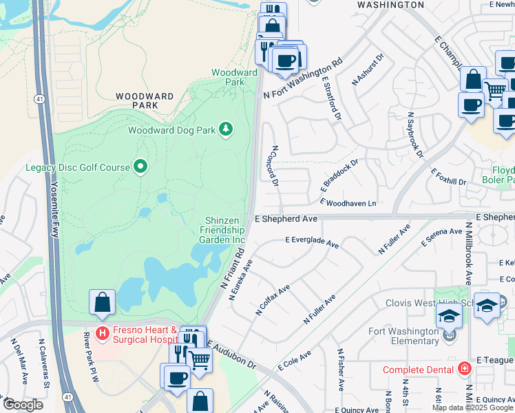 map of restaurants, bars, coffee shops, grocery stores, and more near 257 East Braddock Drive in Fresno