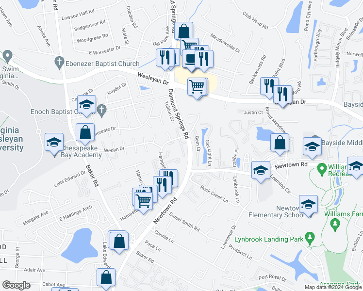 map of restaurants, bars, coffee shops, grocery stores, and more near 725 Gemstone Lane in Virginia Beach