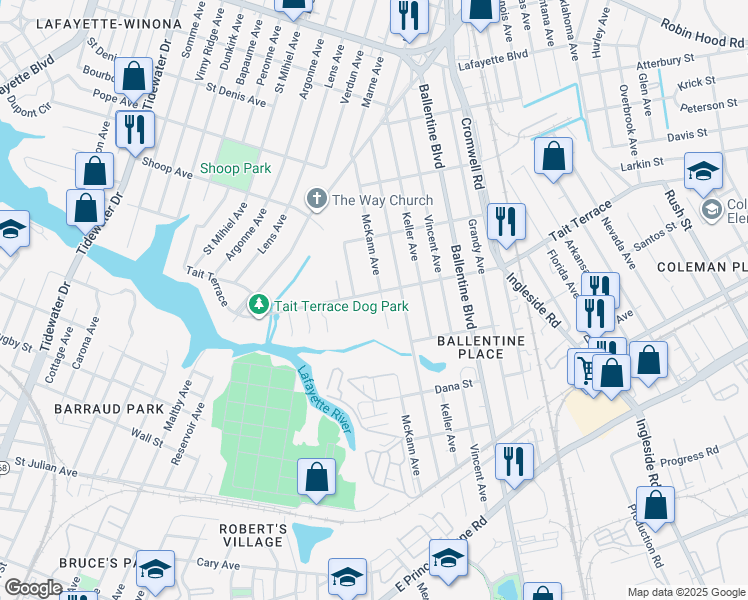 map of restaurants, bars, coffee shops, grocery stores, and more near 2847 Tait Terrace in Norfolk