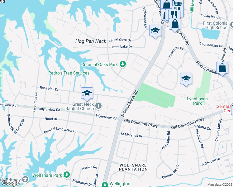 map of restaurants, bars, coffee shops, grocery stores, and more near 2220 Rose Hall Drive in Virginia Beach