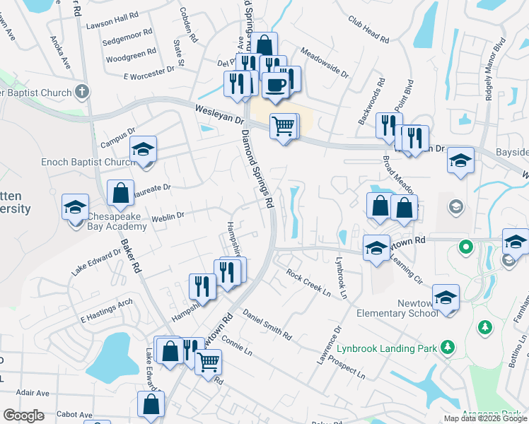 map of restaurants, bars, coffee shops, grocery stores, and more near 772 Hampshire Lane in Virginia Beach