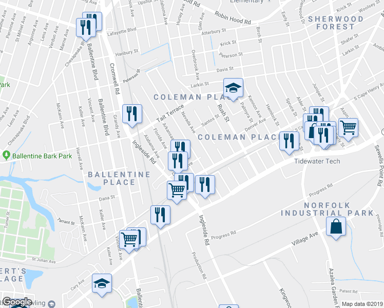 map of restaurants, bars, coffee shops, grocery stores, and more near 2417 Wyoming Avenue in Norfolk
