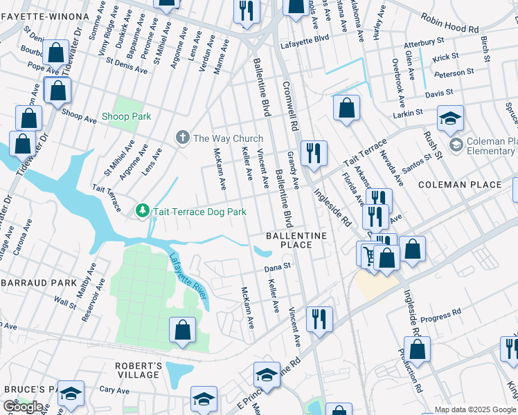 map of restaurants, bars, coffee shops, grocery stores, and more near 2537 Vincent Avenue in Norfolk