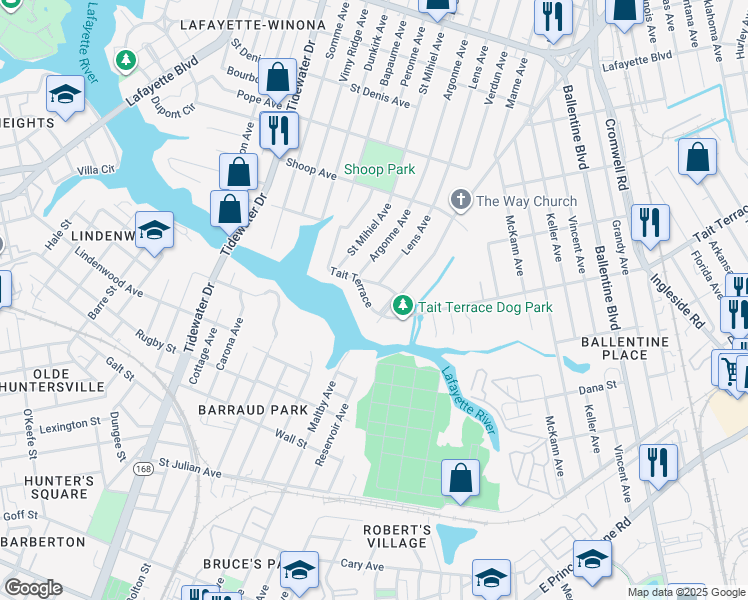 map of restaurants, bars, coffee shops, grocery stores, and more near 2616 Tait Terrace in Norfolk