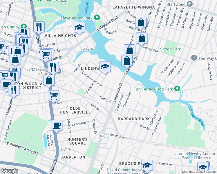 map of restaurants, bars, coffee shops, grocery stores, and more near 2500 Masi Street in Norfolk