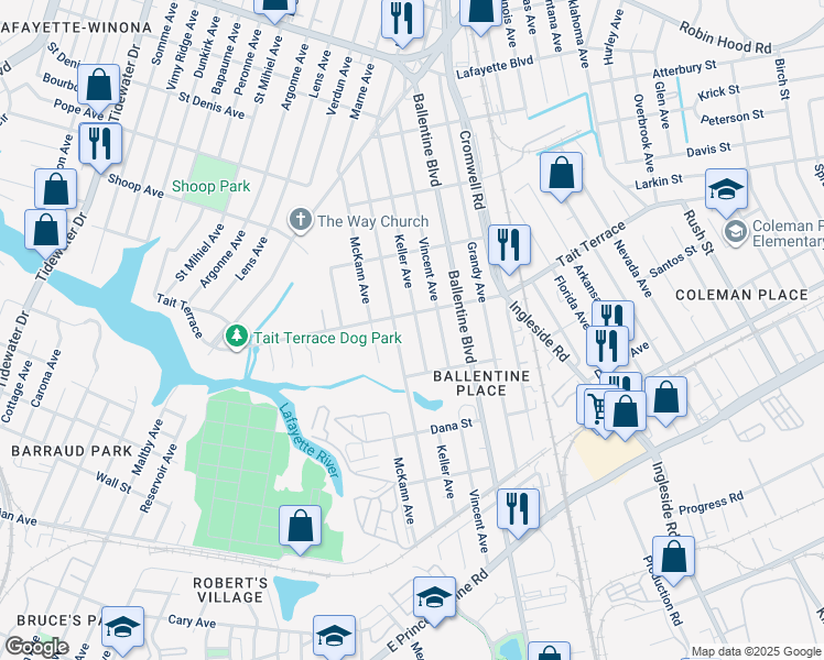 map of restaurants, bars, coffee shops, grocery stores, and more near 2539 Keller Avenue in Norfolk