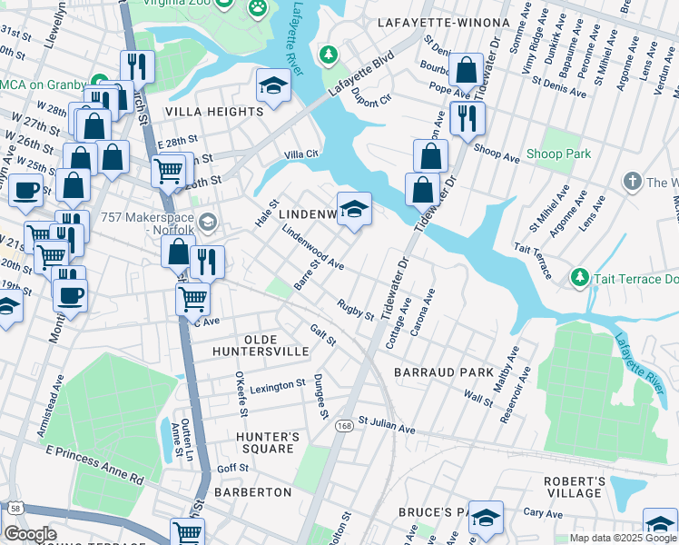map of restaurants, bars, coffee shops, grocery stores, and more near 2422 Ludlow Street in Norfolk