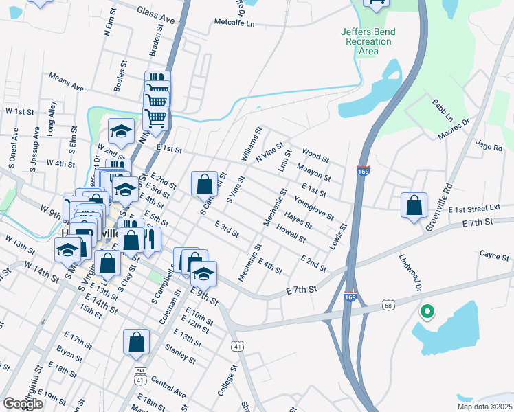 map of restaurants, bars, coffee shops, grocery stores, and more near 809 Hayes Street in Hopkinsville