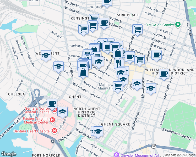 map of restaurants, bars, coffee shops, grocery stores, and more near 711 Shirley Ave in Norfolk
