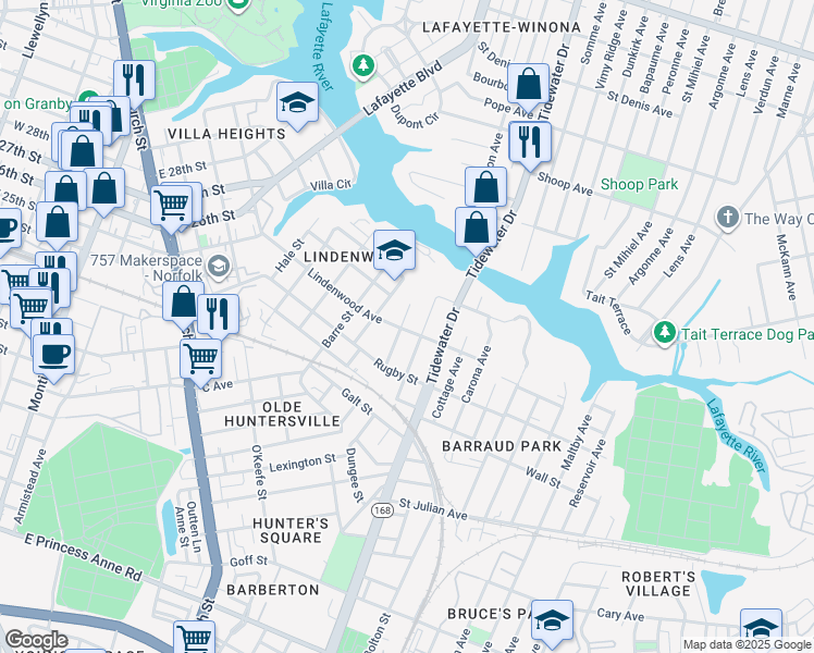 map of restaurants, bars, coffee shops, grocery stores, and more near 2500 Masi Street in Norfolk