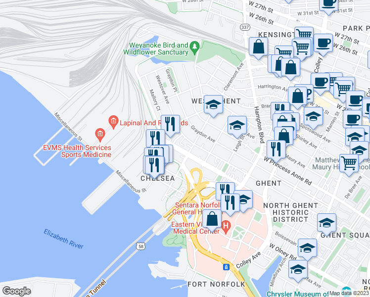 map of restaurants, bars, coffee shops, grocery stores, and more near 1210 Redgate Avenue in Norfolk