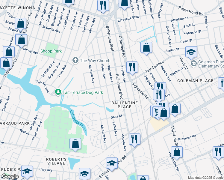 map of restaurants, bars, coffee shops, grocery stores, and more near 2537 Vincent Avenue in Norfolk