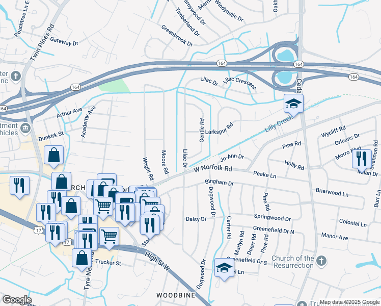 map of restaurants, bars, coffee shops, grocery stores, and more near 3501 Lilac Drive in Portsmouth