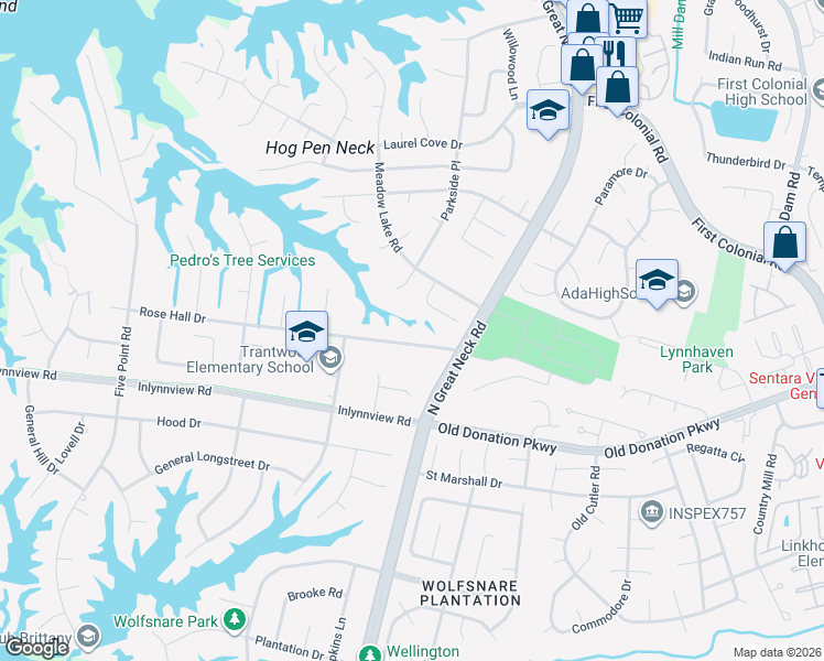 map of restaurants, bars, coffee shops, grocery stores, and more near 2220 Rose Hall Drive in Virginia Beach