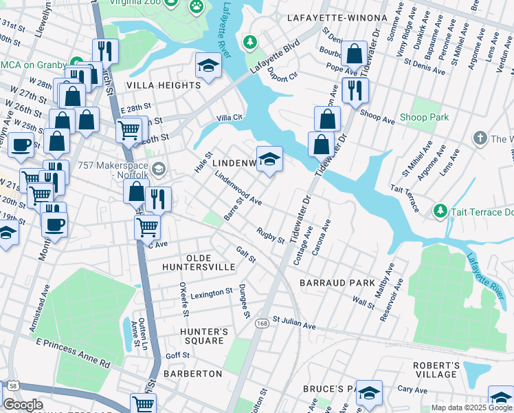 map of restaurants, bars, coffee shops, grocery stores, and more near 2422 Ludlow Street in Norfolk