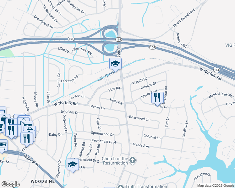 map of restaurants, bars, coffee shops, grocery stores, and more near 3905 Colony Rd in Portsmouth