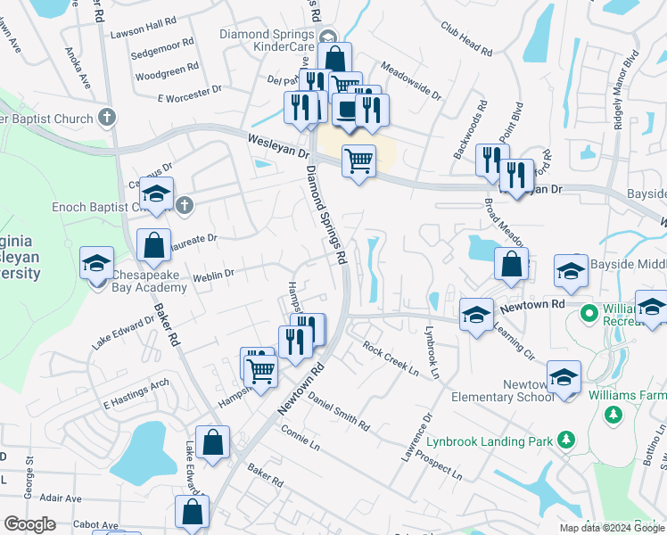 map of restaurants, bars, coffee shops, grocery stores, and more near 723 Gemstone Lane in Virginia Beach