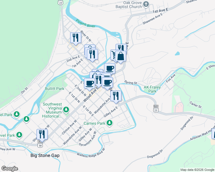 map of restaurants, bars, coffee shops, grocery stores, and more near 405 U.S. 58 Alternate in Big Stone Gap
