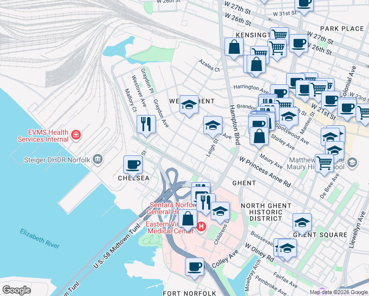 map of restaurants, bars, coffee shops, grocery stores, and more near 1104 Westover Ave in Norfolk