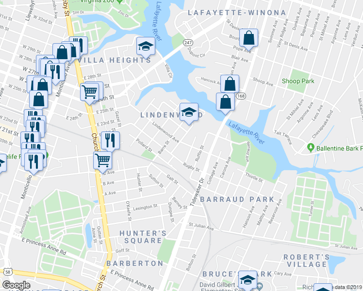 map of restaurants, bars, coffee shops, grocery stores, and more near 2424 Ludlow Street in Norfolk