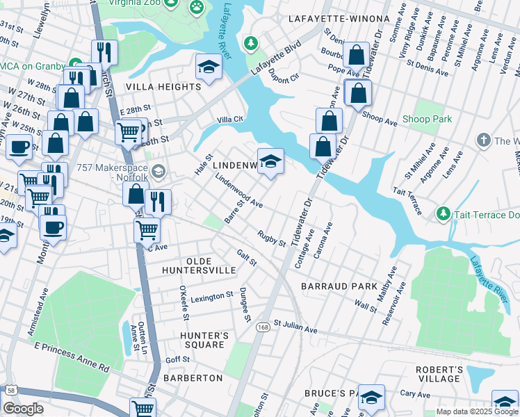 map of restaurants, bars, coffee shops, grocery stores, and more near 2424 Ludlow Street in Norfolk