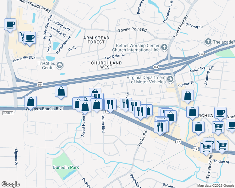 map of restaurants, bars, coffee shops, grocery stores, and more near 3624 Tejo Lane in Portsmouth