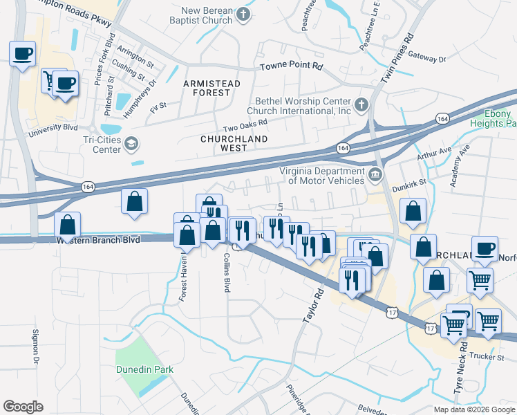 map of restaurants, bars, coffee shops, grocery stores, and more near 3624 Tejo Lane in Portsmouth
