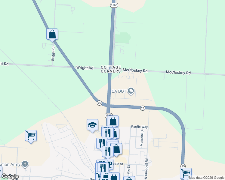 map of restaurants, bars, coffee shops, grocery stores, and more near 731 San Felipe Road in Hollister
