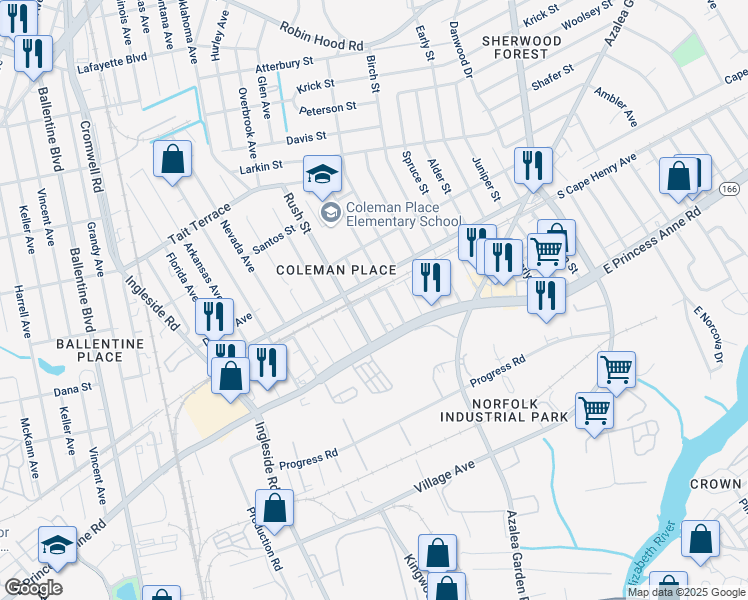 map of restaurants, bars, coffee shops, grocery stores, and more near 1538 Fairbanks Avenue in Norfolk
